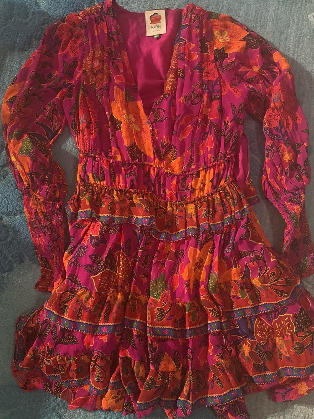 Farm Rio Tropical Tapestry Tiered Puff-Sleeve Mini Dress - Picture 3 of 6